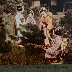 Victorian Stereoview Card Geisha Girls in the Tea House Garden Stereo View Card Antique Colored