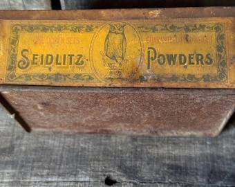 Caja rústica antigua de hojalata con forma de búho para medicamentos - Litografía publicitaria - Tienda general - Decoración de farmacia - Polvos Seidlitz - Farmacia con forma de búho