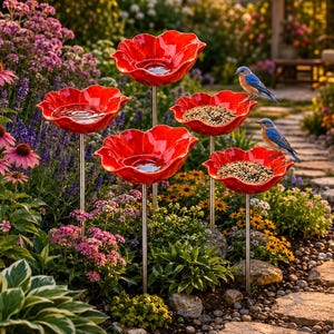 May include: Five red flower-shaped bird feeders on thin metal stakes. Three feeders contain water, while two contain birdseed. Two blue birds are perched on the edges of the seed-filled feeders. The feeders are arranged in a garden setting.