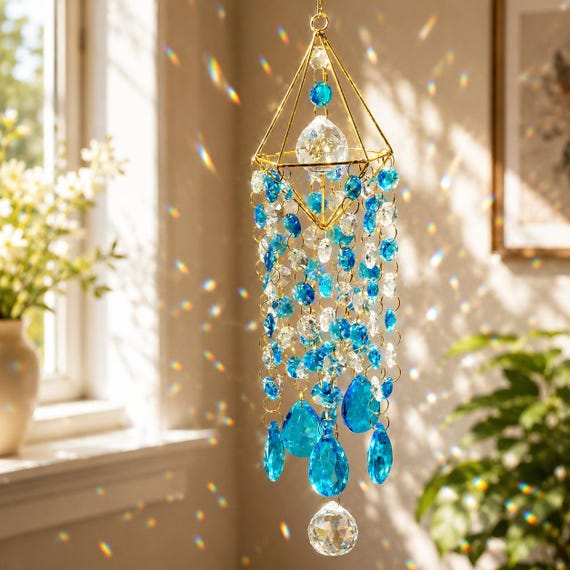 Crystal Suncatcher Window Hanging | K9 Crystal Sun Catcher Prism | Blue Rainbow Maker Hanging Decor for Home Gift