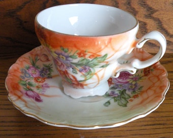 Vintage Floral and Orange Teacup and Saucer, Dainty Teacup Made in Japan