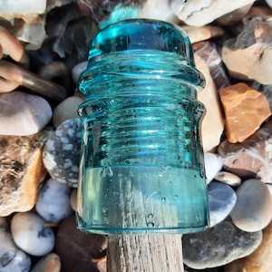Antique Aqua Glass AT&T Insulator on Threaded Wood Pole