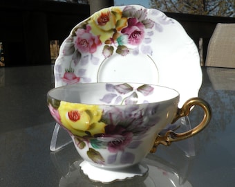 Saji Teacup and Saucer, Vintage Hand Painted Tea Cup and Saucer, Made in Japan