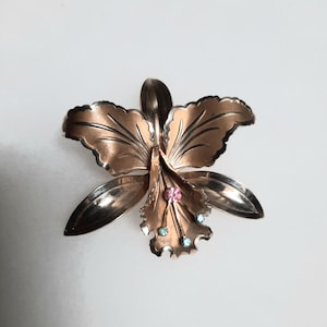 Vintage Orchid Brooch with Rhinestones