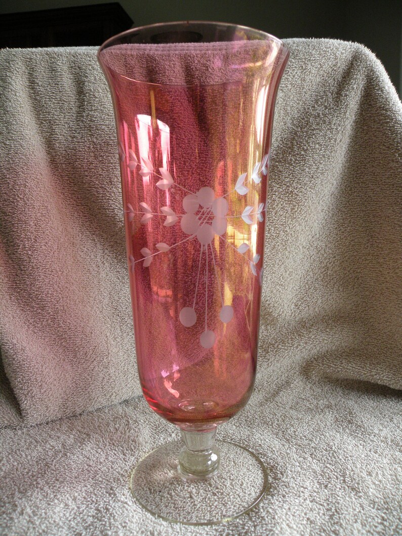 Vintage Cranberry Glass Etched Cranberry Glass Vase Etsy