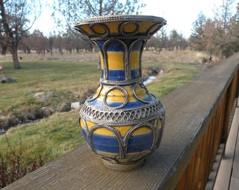 Moroccan Style Vase, Vintage Vase with Filigree, Middle Eastern Decor, Blue and Yellow Vase