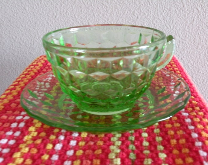 Vaseline Glass Cup and Saucer Vintage Depression Glass Etsy