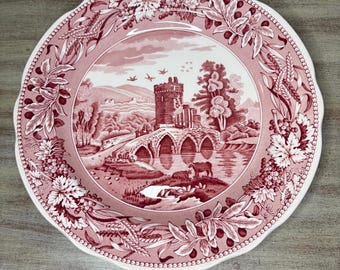 Vintage Spode Lucano Dinner Plate | Pink Cranberry Transferware, Pastoral Castle Scene (Made in England)