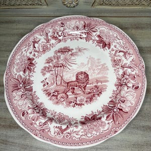 Vintage Spode Aesops fabler middagstallrik | Rosa tranbärstransferware (25 cm diameter)