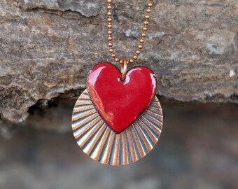 Hearts Ablaze Enameled Copper Necklace on 30" Teeny Copper Ball Chain