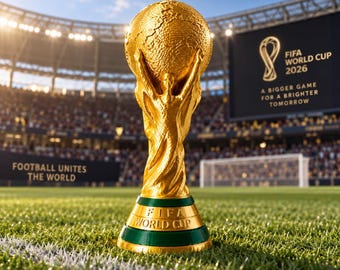May include: The gold FIFA World Cup trophy stands on a green grass field. The trophy features a figure holding up a globe, with a green base inscribed with "FIFA WORLD CUP". In the background, a stadium screen displays "FIFA WORLD CUP 2026".
