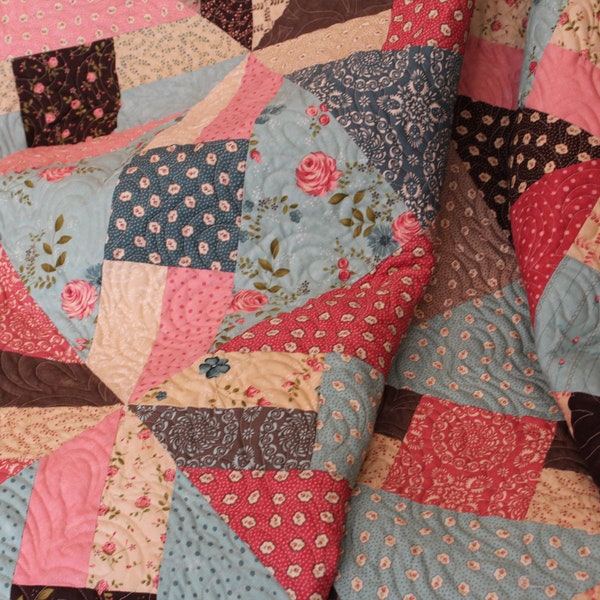 Handmade Quilts for Sale - Handmade Quilts for Sale - Rambling Rose Lap Quilt - Quilted Lap - Quilt - Brown and Pink Quilt