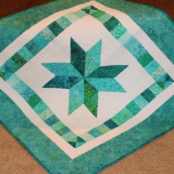 Quilt for Sale - Gender Neutral Baby Quilt - Scrappy Teal Batik Star Quilt - Shower Gift for Baby Girl or Boy - Table Topper - Wall Hanging