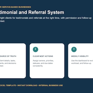 Op de afbeelding: Een donkerblauw digitaal Excel-sjabloon voor dienstverlenende bedrijven met de titel Testimonial and Referral System. Het bevat drie witte kaarten met genummerde groenblauwe cirkels, die One Source of Truth, Clear Next Actions en Weekly Visibility beschrijven.