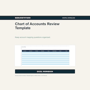 May include: A digital Chart of Accounts Review Template by BIZBUDGETSTUDIO. The document features a light blue and dark blue spreadsheet grid for account mapping, labeled EXCEL WORKBOOK. Text includes: Keep account mapping questions organized.