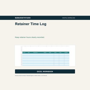 May include: A digital Retainer Time Log Excel workbook template by BizBudgetStudio. The document features a header with the title, a sub-headline, and a spreadsheet grid with columns for Record ID, Client, Workflow Item, Category, Status, Priority, Owner, and Start Date.