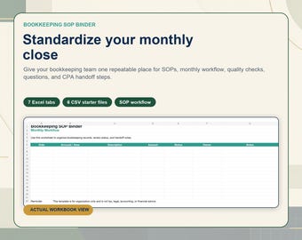 Excel-Vorlage für Buchhaltungs-SOPs | Monatlicher Abschluss-Workflow, Qualitätsprüfung & Vorlage für die Übergabe an den Steuerberater für Buchhalter