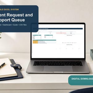 Client Request Tracker Excel template shown on a laptop with a client workflow dashboard.
