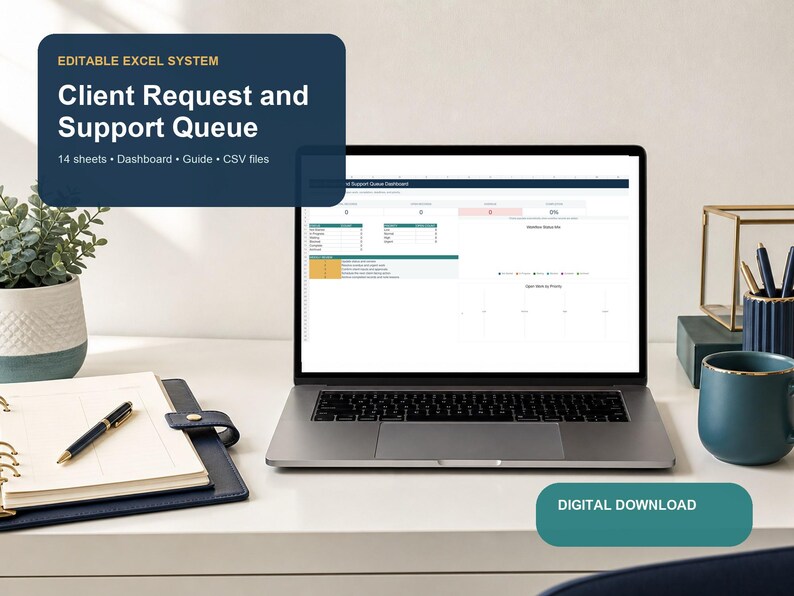 Client Request Tracker Excel template shown on a laptop with a client workflow dashboard.