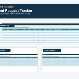 Client Request Tracker workflow spreadsheet showing Request Workflow and supporting admin trackers.