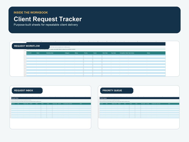 Client Request Tracker workflow spreadsheet showing Request Workflow and supporting admin trackers.