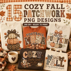 May include: A collection of digital graphic designs featuring fall-themed motifs including pumpkins, footballs, and autumn leaves. The designs incorporate text such as 'COZY FALL', 'FOOTBALL MAMA', 'Hello PUMPKIN', and 'COZY Looks Good on Me' on shirts and a tote.
