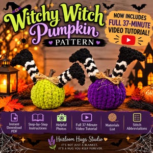Witchy Witch Pumpkin Knitting Pattern PDF + Video Tutorial | Chunky Yarn Halloween Witch Pumpkin | Digital Download