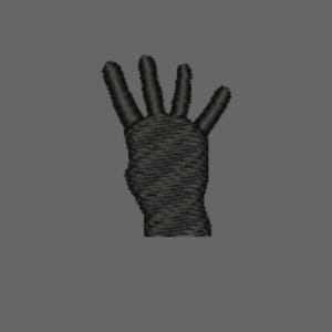 Può includere: Una toppa ricamata grigio scuro che raffigura la sagoma di una mano con quattro dita rivolte verso l'alto. Il design utilizza punti densi e strutturati per creare la forma della mano su uno sfondo grigio neutro e uniforme con fili visibili.