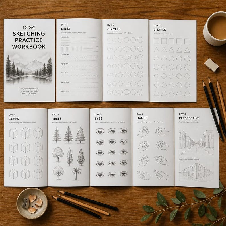 Preview of the 30-Day Sketching Practice Workbook showing beginner drawing exercises, including lines, circles, shapes, cubes, trees, eyes, hands, and perspective practice pages.
