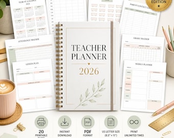 Teacher Planner 2026, Lesson Plan Book, Grade Tracker, Classroom Organizer PDF