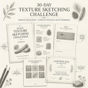 Puede incluir: Un conjunto de cuadernos de ejercicios para un desafío de dibujo de texturas de 30 días, que incluye una guía de referencia rápida, hojas de práctica y un certificado. Las páginas muestran ilustraciones a lápiz de texturas naturales.
