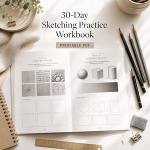 Puede incluir: Un cuaderno de ejercicios de dibujo de 30 días en PDF imprimible abierto en las páginas 26 y 27, con estudios de texturas y sombreado, acompañado de cuatro lápices de grafito negros, un sacapuntas de metal y una regla de madera.