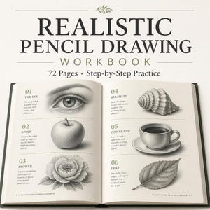 Peut inclure: Un manuel ouvert intitulé REALISTIC PENCIL DRAWING WORKBOOK avec 72 pages d'exercices étape par étape. Les pages présentent six leçons de dessin numérotées illustrant un œil réaliste, une pomme, une fleur, un coquillage, une tasse et une feuille.