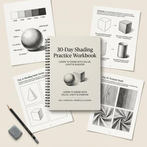 Può includere: Un quaderno di esercizi a spirale intitolato 30-Day Shading Practice Workbook con copertina beige che mostra un'illustrazione di una sfera e un cubo. Attorno al quaderno ci sono tre pagine didattiche con tecniche di ombreggiatura, una matita e una gomma.