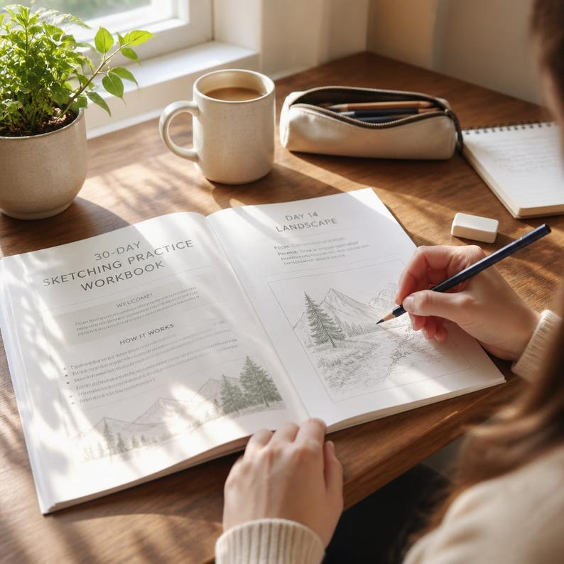 Op de afbeelding: Een 30-daags schetsoefenboek open op de pagina Dag 14 Landschap, met een bergtekening, een beige mok, een etui, een kleine gum en een groene potplant op een houten oppervlak met een potlood in de hand.