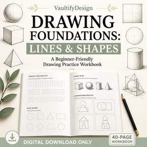 May include: An open drawing practice workbook titled VaultifyDesign Drawing Foundations: Lines & Shapes. The pages feature exercises for straight lines, basic shapes, 3D forms, and compositions. A black pencil rests on the right side.