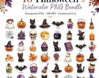 Halloween PNG Bundle, 40 Clipart Designs, Ghost, Pumpkin, Black Cat, Witch, Commercial Use