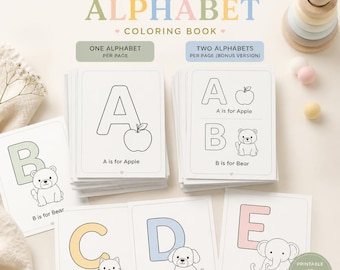 Op de afbeelding: Een Baby's First Alphabet kleurboekset met stapels printbare kaarten met de letters A tot en met E, elk gecombineerd met illustraties van dieren of fruit zoals een appel, beer, kat, hond en olifant, met tekstlabels voor elke letter.