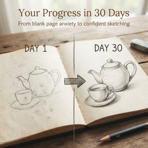 Op de afbeelding: Een open schetsboek toont een voortgangsvergelijking. De linkerkant met het label DAY 1 bevat een lichte potloodschets van een theepot en kopje. De rechterkant met het label DAY 30 toont een gedetailleerde, gearceerde schets. Tekst: Your Progress in 30 Days.