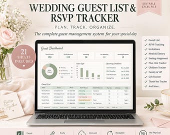 Wedding Guest List Google Sheets | RSVP Tracker, Wedding Seating Arrangement & Invitation Checklist