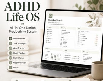 ADHD Notion Planner, Digital Life Planner Dashboard, Habit Tracker, Goals & Daily Organizer