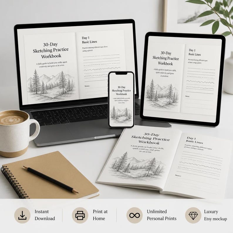 Op de afbeelding: Een 30-daags schetsoefenboek weergegeven op een laptopscherm, een tablet, een smartphone en een open fysiek notitieboek. De pagina's bevatten een illustratie van bergen en dennenbomen met de tekst 30-Day Sketching Practice Workbook.