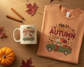 Hello Autumn SVG, Pumpkin Truck Fall Design, Vintage Farmhouse SVG, Sublimation PNG