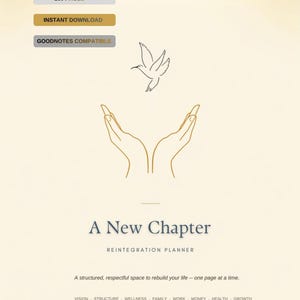 Peut inclure: Une couverture de planificateur numérique intitulée A New Chapter Reintegration Planner avec une illustration au trait de mains libérant un oiseau. Le texte inclut 160 PAGES, INSTANT DOWNLOAD, GOODNOTES COMPATIBLE, et des catégories : VISION, STRUCTURE, WELLNESS, FAMILY, WORK, MONEY, HEALTH, GROWTH.