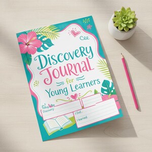 Può includere: Un taccuino Discovery Journal for Young Learners con bordo turchese, fiori di ibisco rosa e foglie di palma verdi. La copertina presenta il testo Today's Big Discovery, I feel e I learned, insieme a un'illustrazione di un libro aperto.