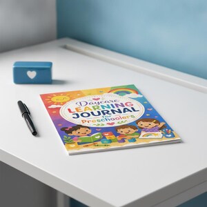 Puede incluir: Un libro de tapa blanda rectangular titulado Daycare LEARNING JOURNAL for Preschoolers con una colorida ilustración de tres niños, un sol y un arcoíris. Un bolígrafo negro y un bloque azul con un corazón blanco están situados cerca.