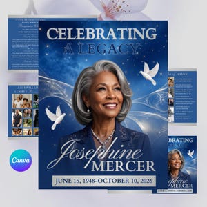 May include: A funeral program template featuring a portrait of a woman with gray hair in a blue blazer. The text reads CELEBRATING A LEGACY, Josephine MERCER, and JUNE 15, 1948-OCTOBER 10, 2026. Two white doves fly against a blue starry background.