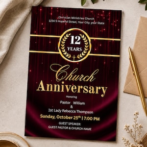 May include: A rectangular church anniversary invitation card featuring a deep red curtain background with gold accents. The text reads: Christian Ministries Church, 12 Years, Church Anniversary, Honoring Pastor William & 1st Lady Rebecca Thompson.