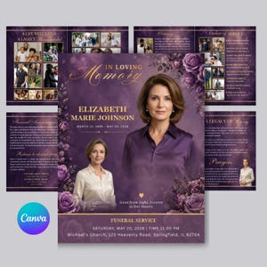 May include: A funeral program template in shades of purple featuring gold text. The cover displays the name Elizabeth Marie Johnson, dates, and service details. It includes floral accents, a portrait of a woman, and sections for an obituary and order of service.