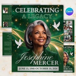 Op de afbeelding: Een sjabloon voor een uitvaartprogramma met een portret van een vrouw met grijs haar tegen een donkergroene achtergrond met gouden lijnen en lichtjes. De tekst luidt CELEBRATING A LEGACY, Josephine Mercer en June 15, 1948-October 10, 2026.